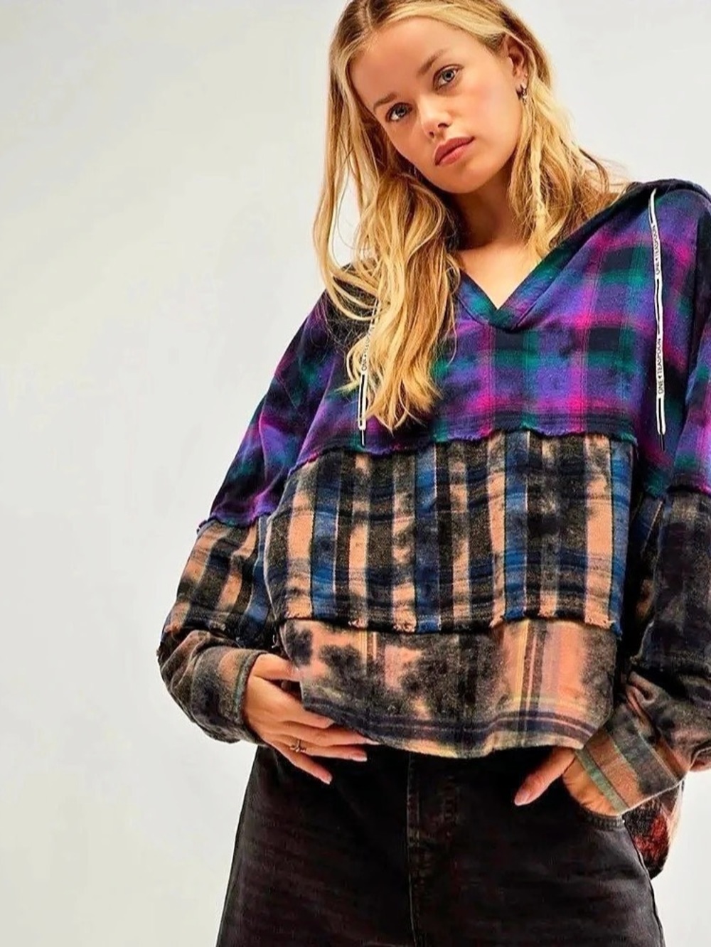 One Teaspoon FP x One Teaspoon Split Flannel Hooded Top Purple & Black Medium